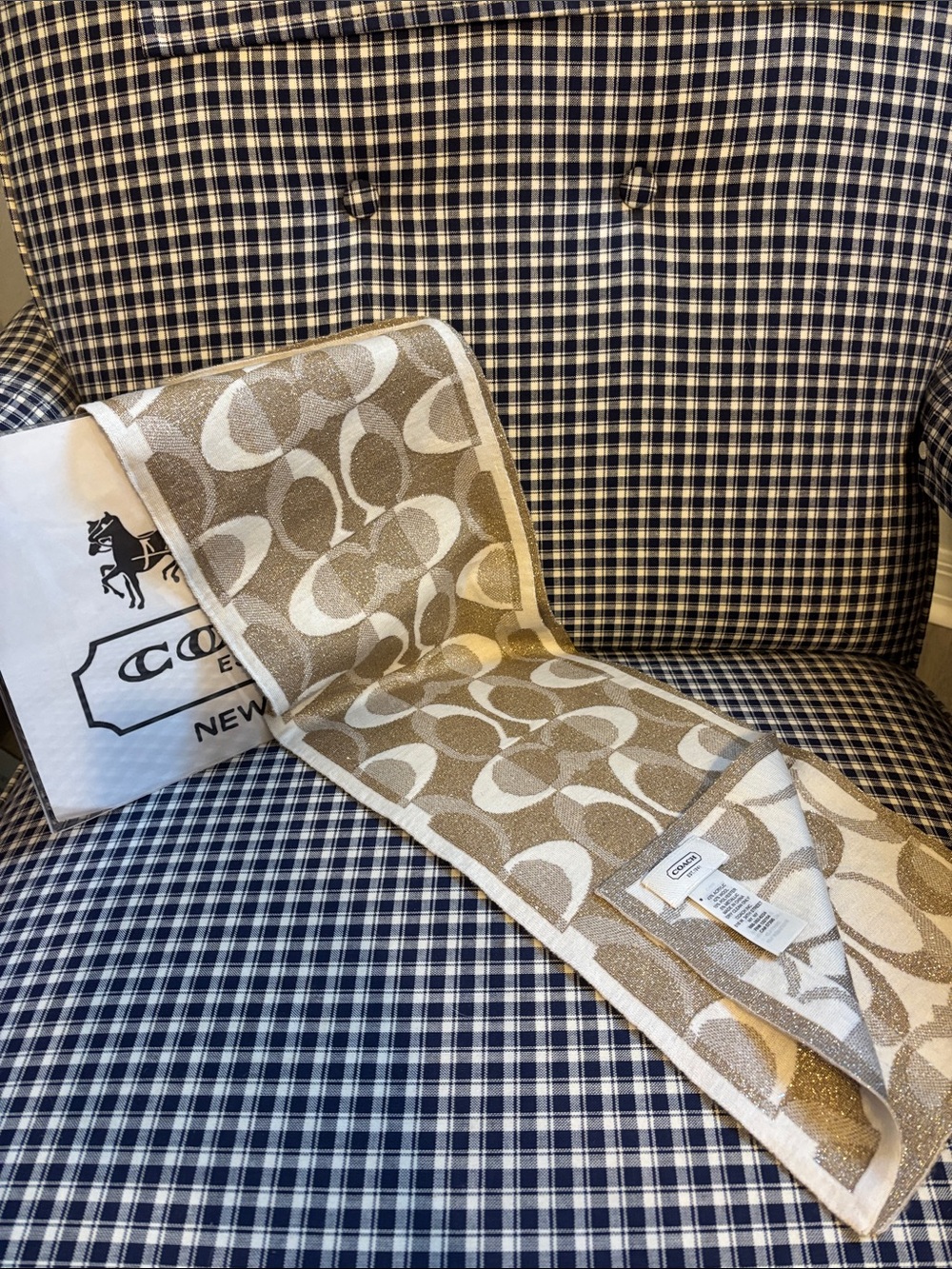 Coach Signature C metallic Beige & Ivory reversible Jacquard Scarf